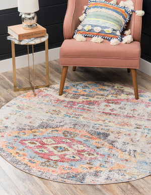 Multicolor 5' x 5' Basilica Round Area Rug 100% Polyester With Jute Backing Colorful Distressed Vintage Modern Carpet for Dorm Room Living Dining Office Decor Easy to Clean Rustic Interior Design for Sale at Rug Engine