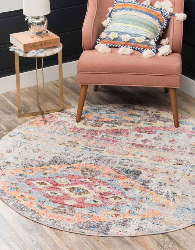 Multicolor 3' 3 x 3' 3 Basilica Round Area Rug 100% Polyester With Jute Backing Colorful Distressed Vintage Modern Carpet for Dorm Room Living Dining Office Decor Easy to Clean Rustic Interior Design for Sale at Rug Engine