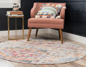 Multicolor 8' x 8' Basilica Round Area Rug 100% Polyester With Jute Backing Colorful Distressed Vintage Modern Carpet for Dorm Room Living Dining Office Decor Easy to Clean Rustic Interior Design for Sale at Rug Engine