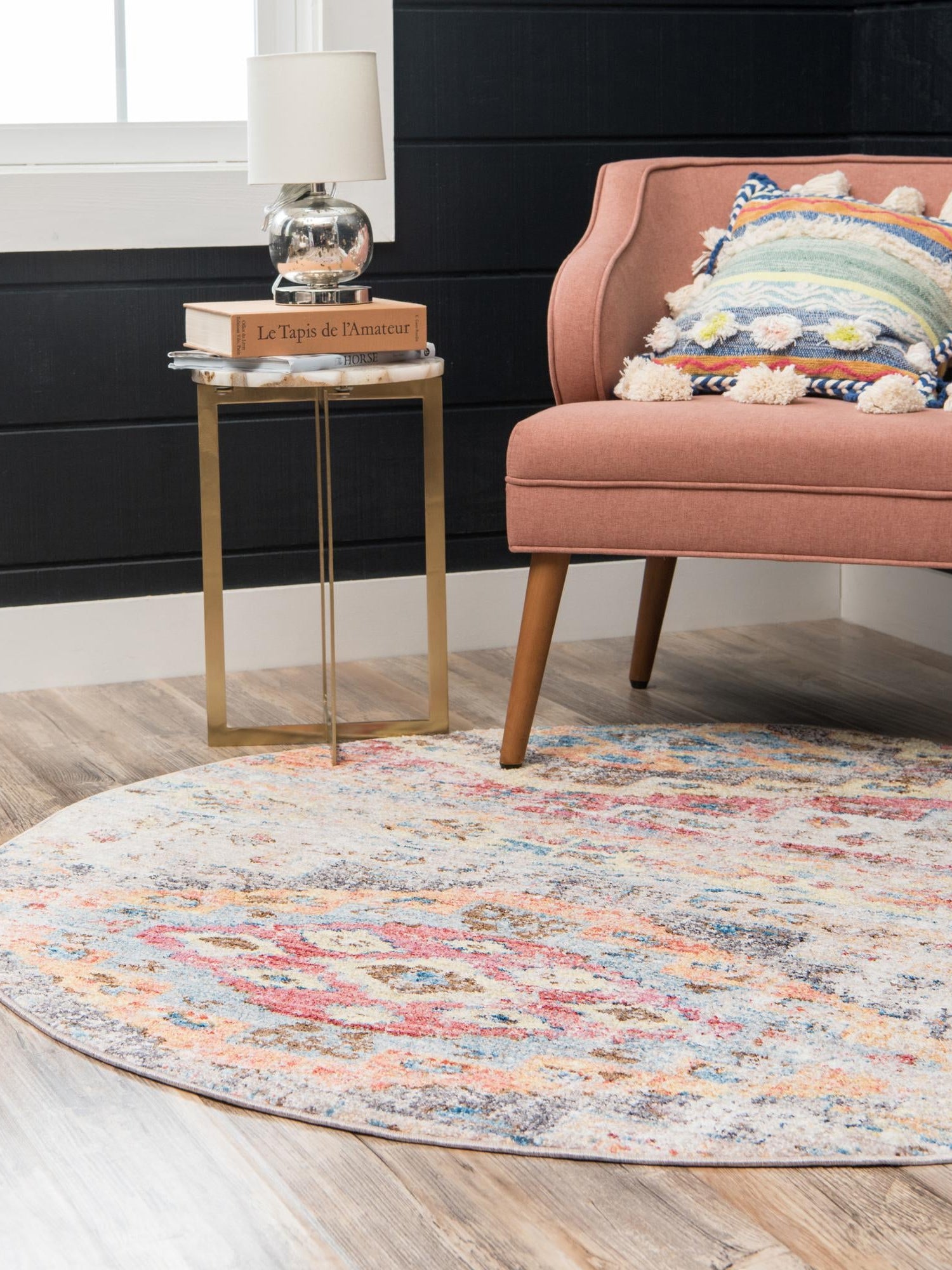 Multicolor 3' 3 x 3' 3 Basilica Round Area Rug 100% Polyester With Jute Backing Colorful Distressed Vintage Modern Carpet for Dorm Room Living Dining Office Decor Easy to Clean Rustic Interior Design for Sale at Rug Engine