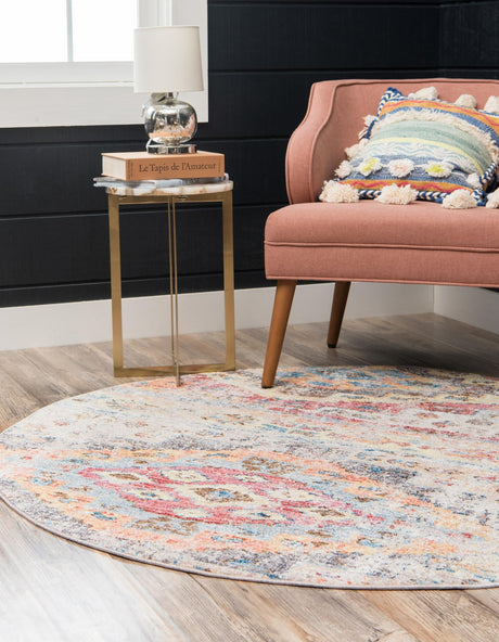 Multicolor 5' x 5' Basilica Round Area Rug 100% Polyester With Jute Backing Colorful Distressed Vintage Modern Carpet for Dorm Room Living Dining Office Decor Easy to Clean Rustic Interior Design for Sale at Rug Engine