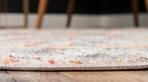 Multicolor 3' 3 x 3' 3 Basilica Round Area Rug 100% Polyester With Jute Backing Colorful Distressed Vintage Modern Carpet for Dorm Room Living Dining Office Decor Easy to Clean Rustic Interior Design for Sale at Rug Engine