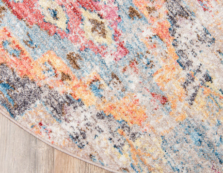 Multicolor 3' 3 x 3' 3 Basilica Round Area Rug 100% Polyester With Jute Backing Colorful Distressed Vintage Modern Carpet for Dorm Room Living Dining Office Decor Easy to Clean Rustic Interior Design for Sale at Rug Engine