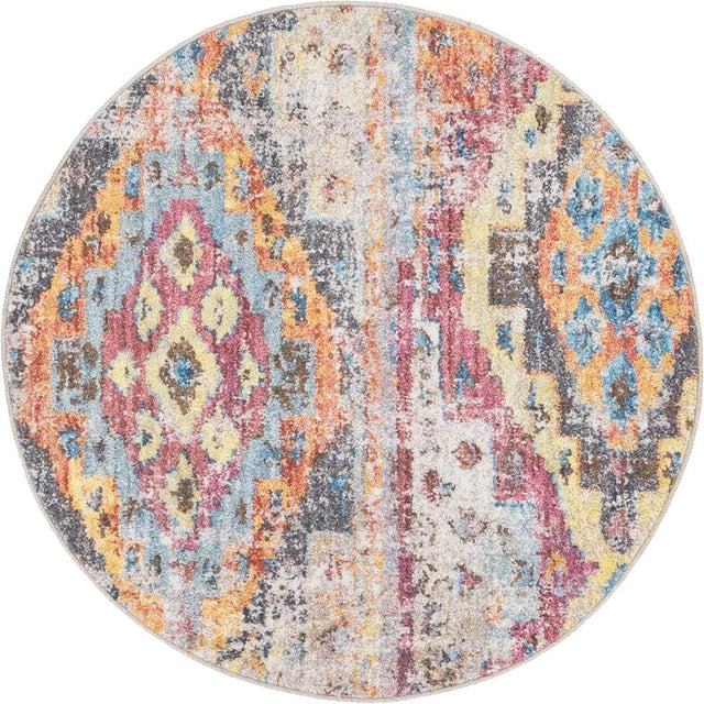 Multicolor 3' 3 x 3' 3 Basilica Round Area Rug 100% Polyester With Jute Backing Colorful Distressed Vintage Modern Carpet for Dorm Room Living Dining Office Decor Easy to Clean Rustic Interior Design for Sale at Rug Engine