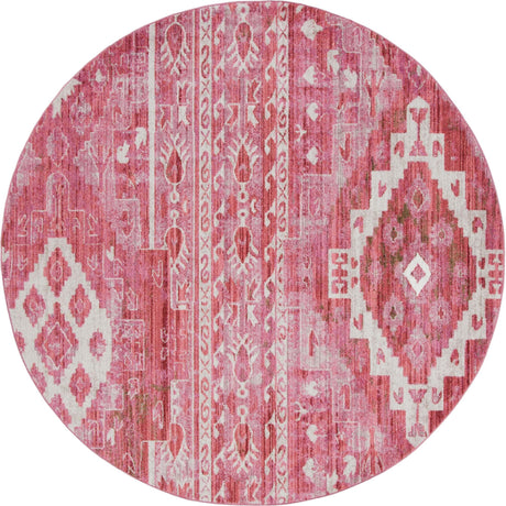 Pink 8' x 8' Basilica Round Area Rug 100% Polyester With Jute Backing Colorful Distressed Vintage Modern Carpet for Dorm Room Living Dining Office Decor Easy to Clean Rustic Interior Design for Sale at Rug Engine