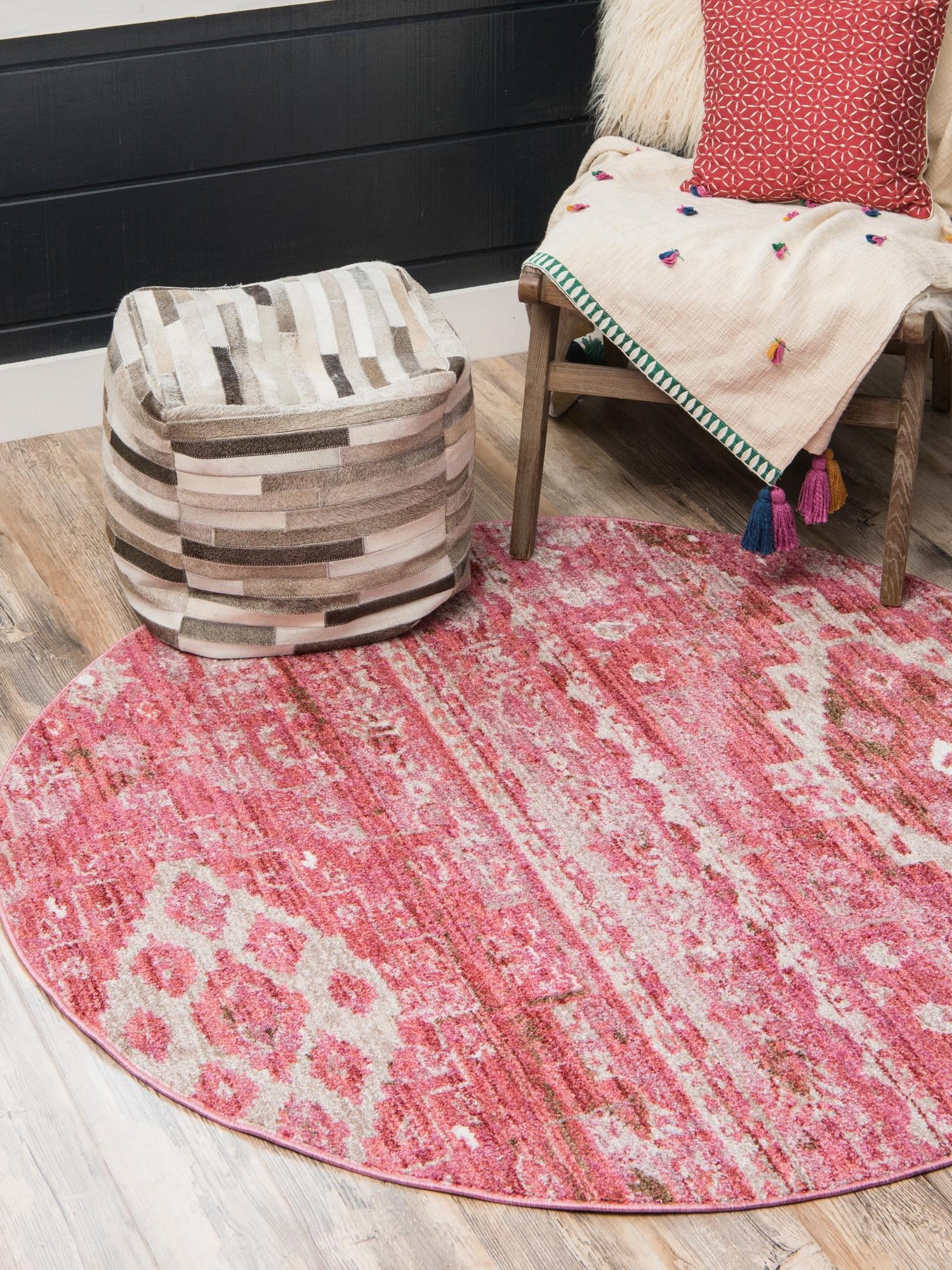 Pink 3' 3 x 3' 3 Basilica Round Area Rug 100% Polyester With Jute Backing Colorful Distressed Vintage Modern Carpet for Dorm Room Living Dining Office Decor Easy to Clean Rustic Interior Design for Sale at Rug Engine