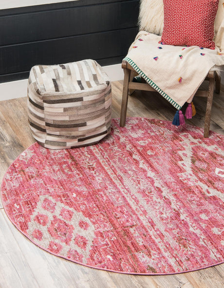 Pink 3' 3 x 3' 3 Basilica Round Area Rug 100% Polyester With Jute Backing Colorful Distressed Vintage Modern Carpet for Dorm Room Living Dining Office Decor Easy to Clean Rustic Interior Design for Sale at Rug Engine