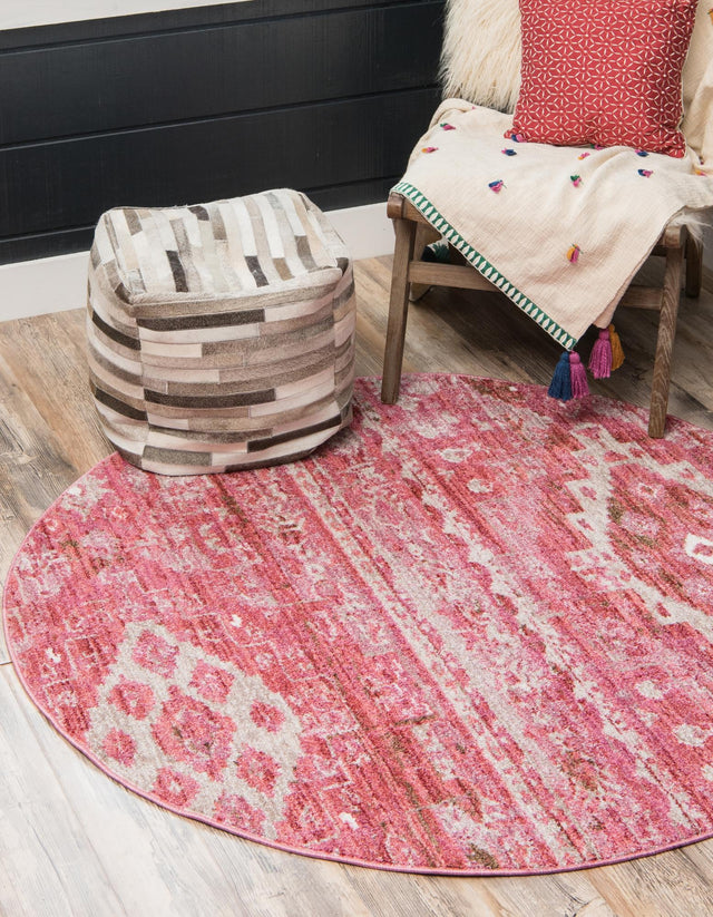 Pink 3' 3 x 3' 3 Basilica Round Area Rug 100% Polyester With Jute Backing Colorful Distressed Vintage Modern Carpet for Dorm Room Living Dining Office Decor Easy to Clean Rustic Interior Design for Sale at Rug Engine