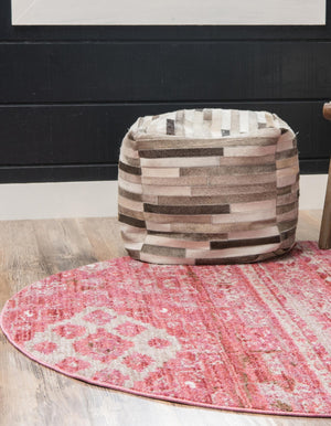 Pink 5' x 5' Basilica Round Area Rug 100% Polyester With Jute Backing Colorful Distressed Vintage Modern Carpet for Dorm Room Living Dining Office Decor Easy to Clean Rustic Interior Design for Sale at Rug Engine