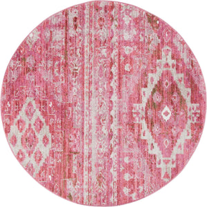 Pink 5' x 5' Basilica Round Area Rug 100% Polyester With Jute Backing Colorful Distressed Vintage Modern Carpet for Dorm Room Living Dining Office Decor Easy to Clean Rustic Interior Design for Sale at Rug Engine
