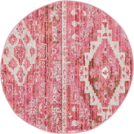 Pink 3' 3 x 3' 3 Basilica Round Area Rug 100% Polyester With Jute Backing Colorful Distressed Vintage Modern Carpet for Dorm Room Living Dining Office Decor Easy to Clean Rustic Interior Design for Sale at Rug Engine