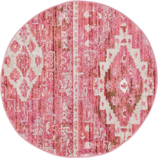 Pink 3' 3 x 3' 3 Basilica Round Area Rug 100% Polyester With Jute Backing Colorful Distressed Vintage Modern Carpet for Dorm Room Living Dining Office Decor Easy to Clean Rustic Interior Design for Sale at Rug Engine