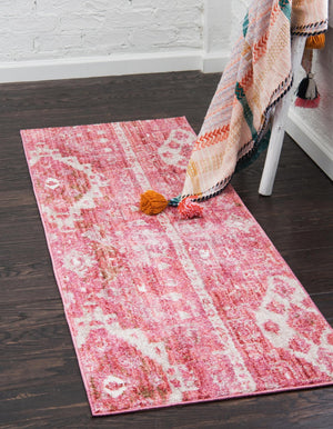 Pink 2' 7 x 8' 2 Basilica Runner Area Rug 100% Polyester With Jute Backing Colorful Distressed Vintage Modern Carpet for Dorm Room Living Dining Office Decor Easy to Clean Rustic Interior Design for Sale at Rug Engine