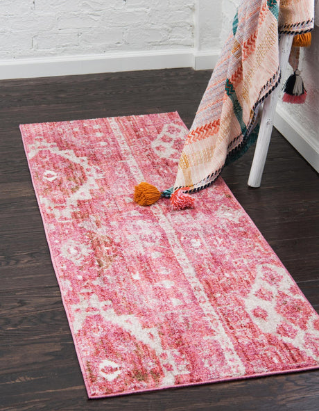 Pink 2' 7 x 8' 2 Basilica Runner Area Rug 100% Polyester With Jute Backing Colorful Distressed Vintage Modern Carpet for Dorm Room Living Dining Office Decor Easy to Clean Rustic Interior Design for Sale at Rug Engine