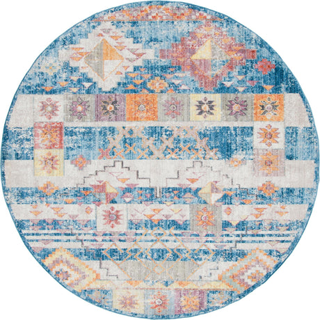 Blue 8' x 8' Basilica Round Area Rug 100% Polyester With Jute Backing Colorful Distressed Vintage Modern Carpet for Dorm Room Living Dining Office Decor Easy to Clean Rustic Interior Design for Sale at Rug Engine