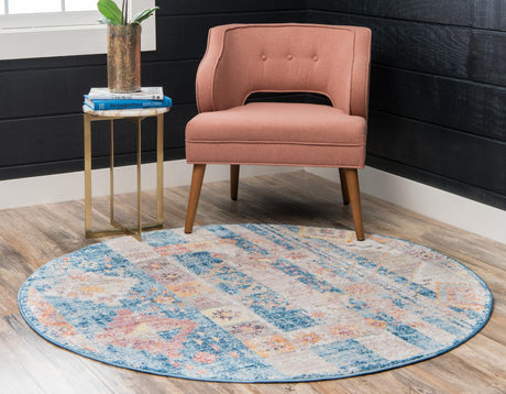 Blue 3' 3 x 3' 3 Basilica Round Area Rug 100% Polyester With Jute Backing Colorful Distressed Vintage Modern Carpet for Dorm Room Living Dining Office Decor Easy to Clean Rustic Interior Design for Sale at Rug Engine