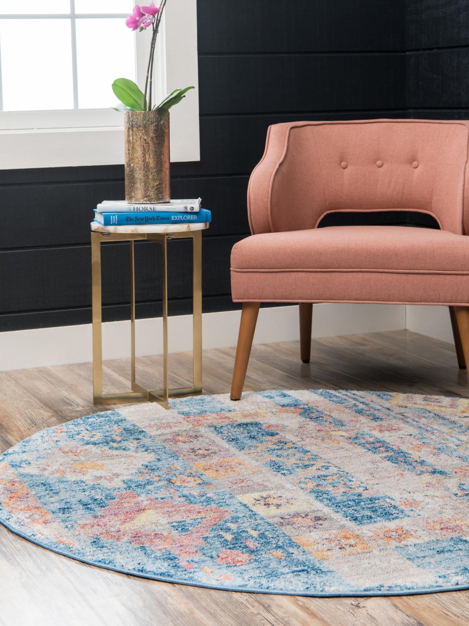 Blue 8' x 8' Basilica Round Area Rug 100% Polyester With Jute Backing Colorful Distressed Vintage Modern Carpet for Dorm Room Living Dining Office Decor Easy to Clean Rustic Interior Design for Sale at Rug Engine