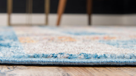 Blue 8' x 8' Basilica Round Area Rug 100% Polyester With Jute Backing Colorful Distressed Vintage Modern Carpet for Dorm Room Living Dining Office Decor Easy to Clean Rustic Interior Design for Sale at Rug Engine