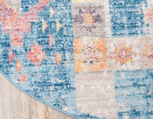 Blue 3' 3 x 3' 3 Basilica Round Area Rug 100% Polyester With Jute Backing Colorful Distressed Vintage Modern Carpet for Dorm Room Living Dining Office Decor Easy to Clean Rustic Interior Design for Sale at Rug Engine