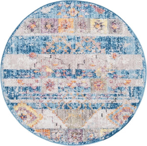 Blue 3' 3 x 3' 3 Basilica Round Area Rug 100% Polyester With Jute Backing Colorful Distressed Vintage Modern Carpet for Dorm Room Living Dining Office Decor Easy to Clean Rustic Interior Design for Sale at Rug Engine