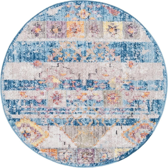 Blue 3' 3 x 3' 3 Basilica Round Area Rug 100% Polyester With Jute Backing Colorful Distressed Vintage Modern Carpet for Dorm Room Living Dining Office Decor Easy to Clean Rustic Interior Design for Sale at Rug Engine