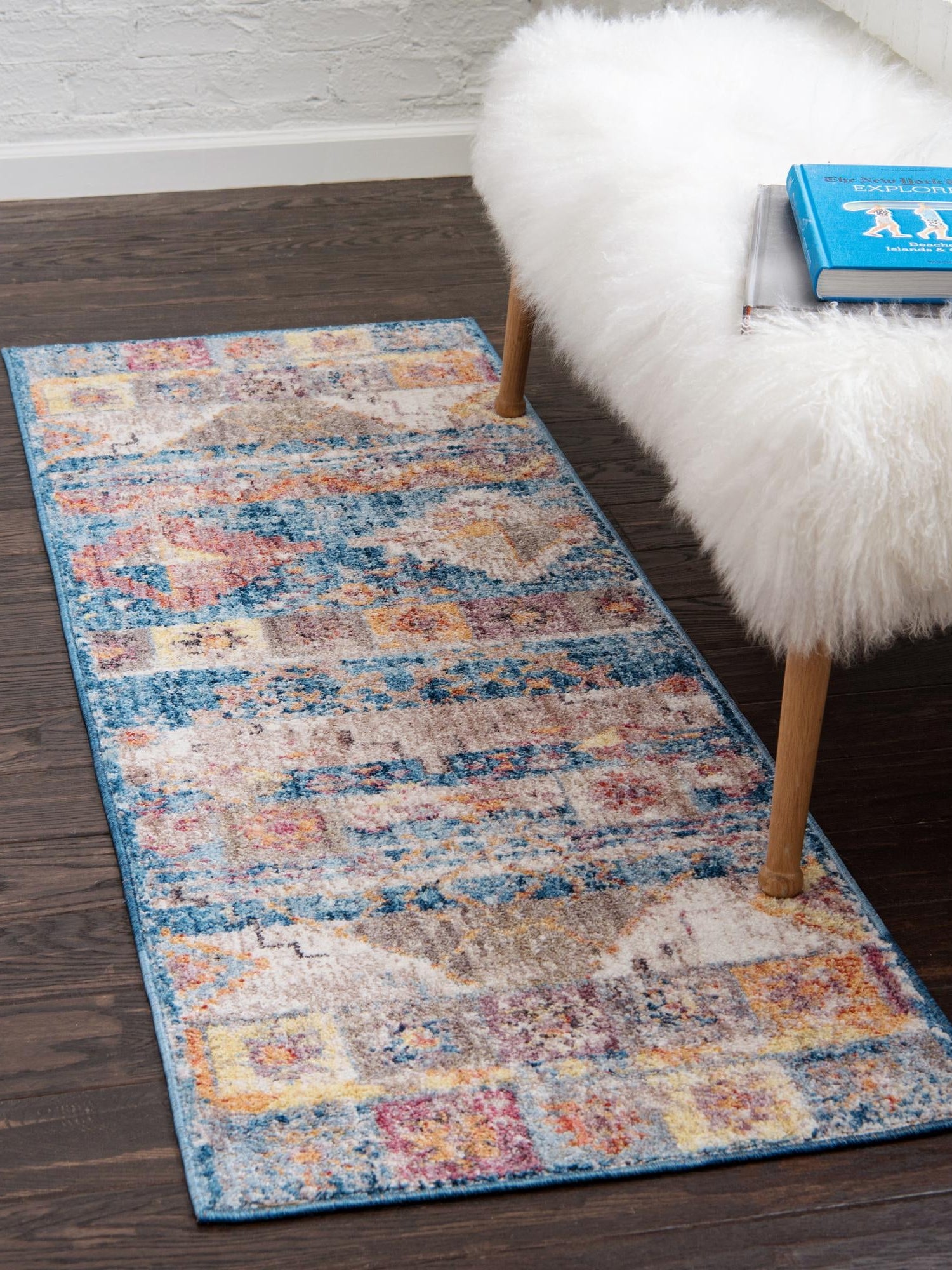 Blue 2' 2 x 6' Basilica Runner Area Rug 100% Polyester With Jute Backing Colorful Distressed Vintage Modern Carpet for Dorm Room Living Dining Office Decor Easy to Clean Rustic Interior Design for Sale at Rug Engine