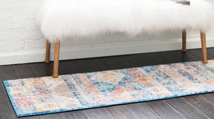 Blue 2' 2 x 6' Basilica Runner Area Rug 100% Polyester With Jute Backing Colorful Distressed Vintage Modern Carpet for Dorm Room Living Dining Office Decor Easy to Clean Rustic Interior Design for Sale at Rug Engine
