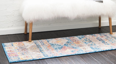 Blue 2' 2 x 6' Basilica Runner Area Rug 100% Polyester With Jute Backing Colorful Distressed Vintage Modern Carpet for Dorm Room Living Dining Office Decor Easy to Clean Rustic Interior Design for Sale at Rug Engine