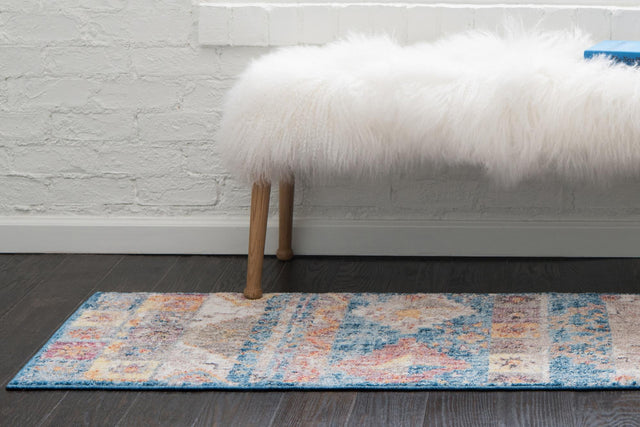 Blue 2' 2 x 6' Basilica Runner Area Rug 100% Polyester With Jute Backing Colorful Distressed Vintage Modern Carpet for Dorm Room Living Dining Office Decor Easy to Clean Rustic Interior Design for Sale at Rug Engine