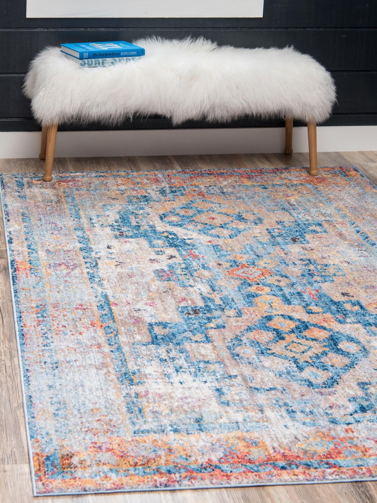 Blue 4' 1 x 6' 1 Basilica Rectangle Area Rug 100% Polyester With Jute Backing Colorful Distressed Vintage Modern Carpet for Dorm Room Living Dining Office Decor Easy to Clean Rustic Interior Design for Sale at Rug Engine
