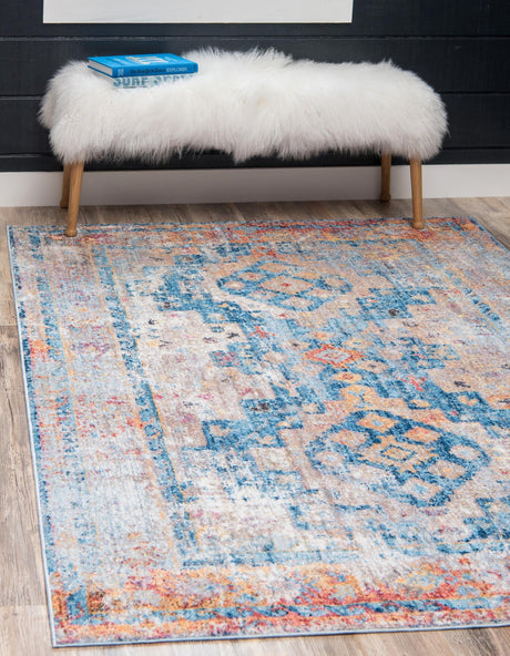 Blue 4' 1 x 6' 1 Basilica Rectangle Area Rug 100% Polyester With Jute Backing Colorful Distressed Vintage Modern Carpet for Dorm Room Living Dining Office Decor Easy to Clean Rustic Interior Design for Sale at Rug Engine