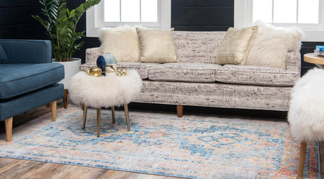 Blue 4' 1 x 6' 1 Basilica Rectangle Area Rug 100% Polyester With Jute Backing Colorful Distressed Vintage Modern Carpet for Dorm Room Living Dining Office Decor Easy to Clean Rustic Interior Design for Sale at Rug Engine
