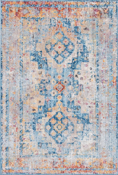 Blue 4' 1 x 6' 1 Basilica Rectangle Area Rug 100% Polyester With Jute Backing Colorful Distressed Vintage Modern Carpet for Dorm Room Living Dining Office Decor Easy to Clean Rustic Interior Design for Sale at Rug Engine