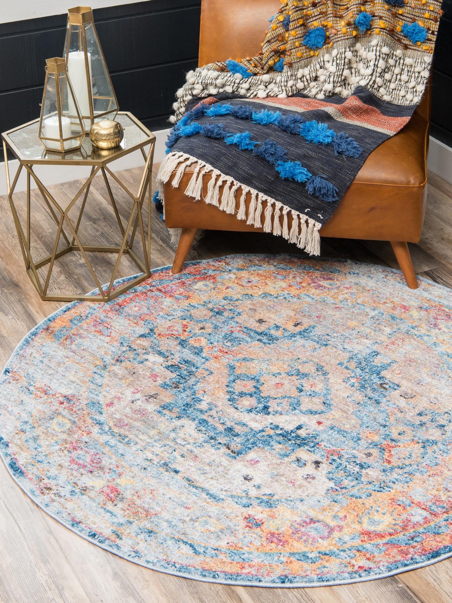 Blue 5' x 5' Basilica Round Area Rug 100% Polyester With Jute Backing Colorful Distressed Vintage Modern Carpet for Dorm Room Living Dining Office Decor Easy to Clean Rustic Interior Design for Sale at Rug Engine