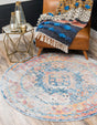 Blue 5' x 5' Basilica Round Area Rug 100% Polyester With Jute Backing Colorful Distressed Vintage Modern Carpet for Dorm Room Living Dining Office Decor Easy to Clean Rustic Interior Design for Sale at Rug Engine