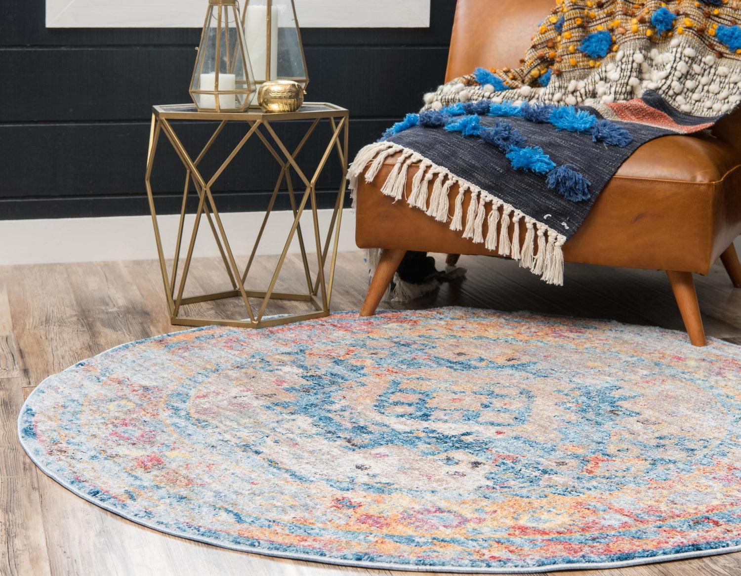 Blue 5' x 5' Basilica Round Area Rug 100% Polyester With Jute Backing Colorful Distressed Vintage Modern Carpet for Dorm Room Living Dining Office Decor Easy to Clean Rustic Interior Design for Sale at Rug Engine