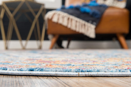Blue 5' x 5' Basilica Round Area Rug 100% Polyester With Jute Backing Colorful Distressed Vintage Modern Carpet for Dorm Room Living Dining Office Decor Easy to Clean Rustic Interior Design for Sale at Rug Engine
