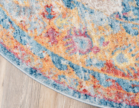 Blue 5' x 5' Basilica Round Area Rug 100% Polyester With Jute Backing Colorful Distressed Vintage Modern Carpet for Dorm Room Living Dining Office Decor Easy to Clean Rustic Interior Design for Sale at Rug Engine