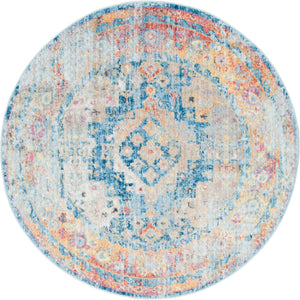 Blue 5' x 5' Basilica Round Area Rug 100% Polyester With Jute Backing Colorful Distressed Vintage Modern Carpet for Dorm Room Living Dining Office Decor Easy to Clean Rustic Interior Design for Sale at Rug Engine