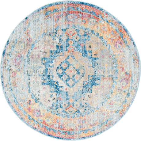 Blue 5' x 5' Basilica Round Area Rug 100% Polyester With Jute Backing Colorful Distressed Vintage Modern Carpet for Dorm Room Living Dining Office Decor Easy to Clean Rustic Interior Design for Sale at Rug Engine