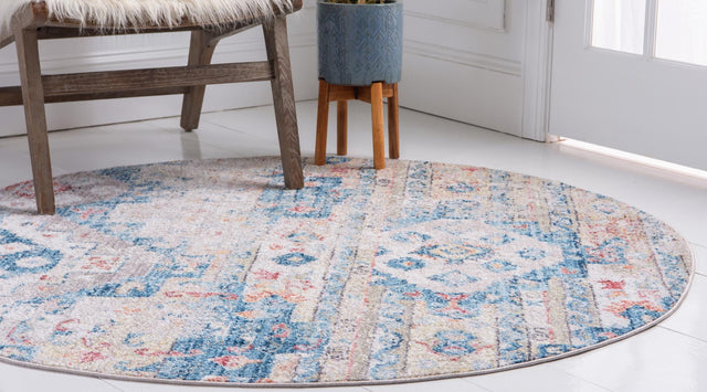 Multicolor 3' 3 x 3' 3 Basilica Round Area Rug 100% Polyester With Jute Backing Colorful Distressed Vintage Modern Carpet for Dorm Room Living Dining Office Decor Easy to Clean Rustic Interior Design for Sale at Rug Engine