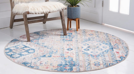 Multicolor 5' x 5' Basilica Round Area Rug 100% Polyester With Jute Backing Colorful Distressed Vintage Modern Carpet for Dorm Room Living Dining Office Decor Easy to Clean Rustic Interior Design for Sale at Rug Engine