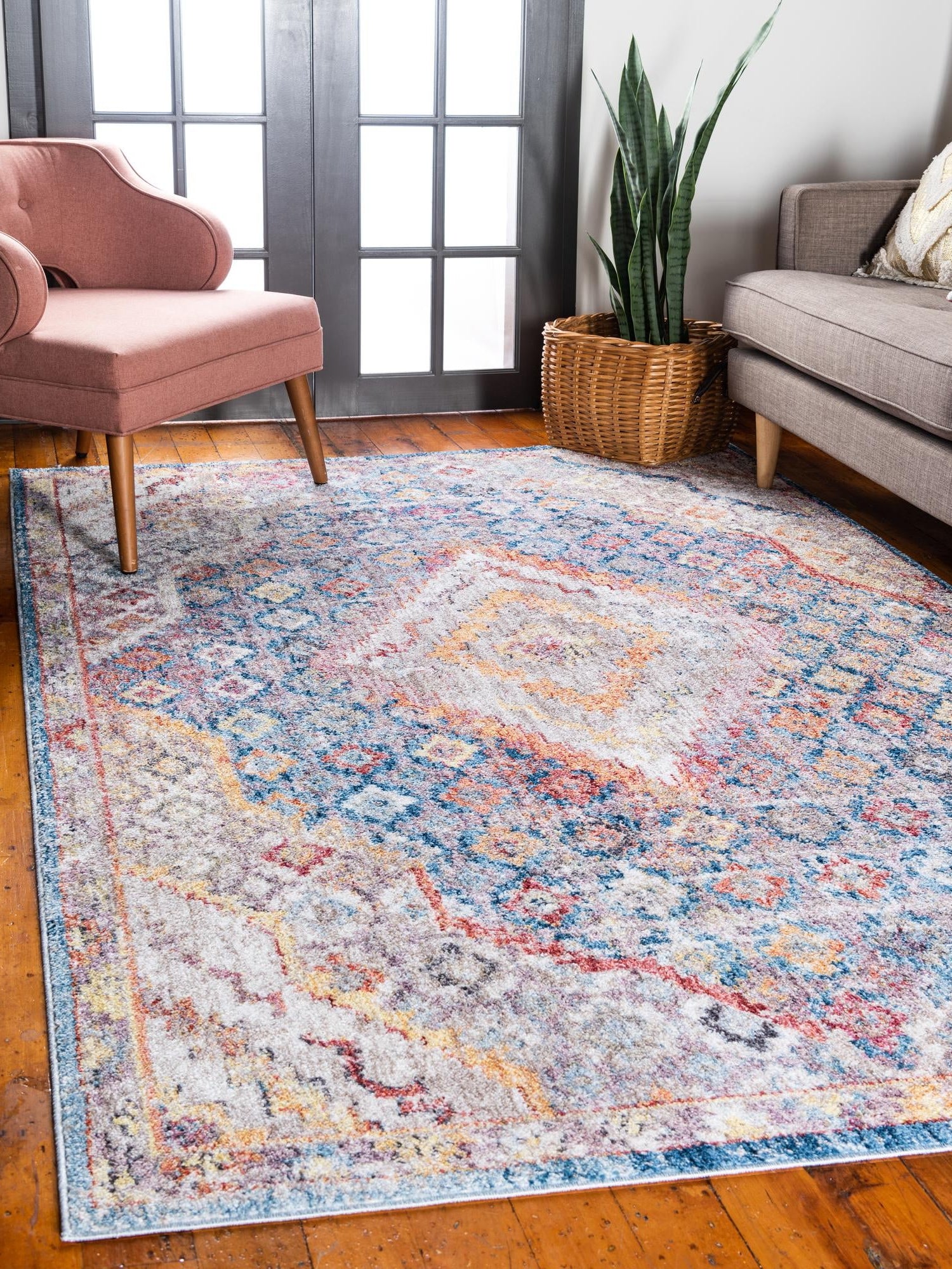 Blue 5' 3 x 7' 10 Brighton Rectangle Area Rug 100% Polyester With Jute Backing Vintage Distressed Colorful Traditional Carpet for Interior Room Design for Sale at Rug Engine