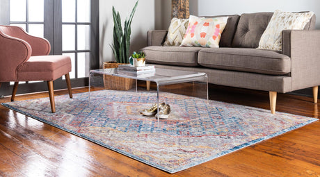 Blue 5' 3 x 7' 10 Brighton Rectangle Area Rug 100% Polyester With Jute Backing Vintage Distressed Colorful Traditional Carpet for Interior Room Design for Sale at Rug Engine