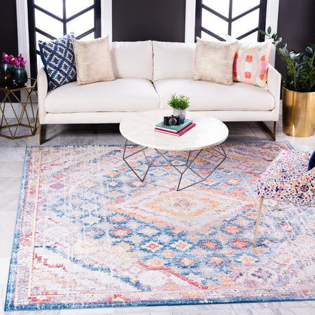 Blue 8' x 8' Brighton Square Area Rug 100% Polyester With Jute Backing Vintage Distressed Colorful Traditional Carpet for Interior Room Design for Sale at Rug Engine