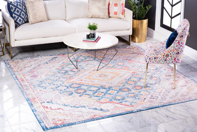 Blue 8' x 8' Brighton Square Area Rug 100% Polyester With Jute Backing Vintage Distressed Colorful Traditional Carpet for Interior Room Design for Sale at Rug Engine