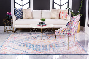 Blue 8' x 8' Brighton Square Area Rug 100% Polyester With Jute Backing Vintage Distressed Colorful Traditional Carpet for Interior Room Design for Sale at Rug Engine