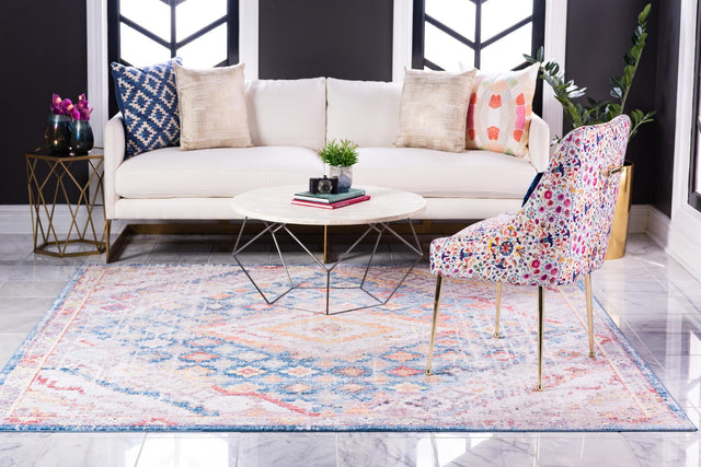 Blue 8' x 8' Brighton Square Area Rug 100% Polyester With Jute Backing Vintage Distressed Colorful Traditional Carpet for Interior Room Design for Sale at Rug Engine
