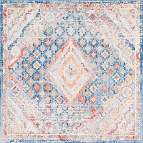 Blue 8' x 8' Brighton Square Area Rug 100% Polyester With Jute Backing Vintage Distressed Colorful Traditional Carpet for Interior Room Design for Sale at Rug Engine