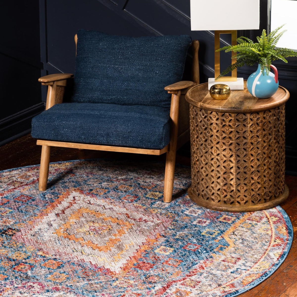 Blue 3' 3 x 3' 3 Brighton Round Area Rug 100% Polyester With Jute Back ...